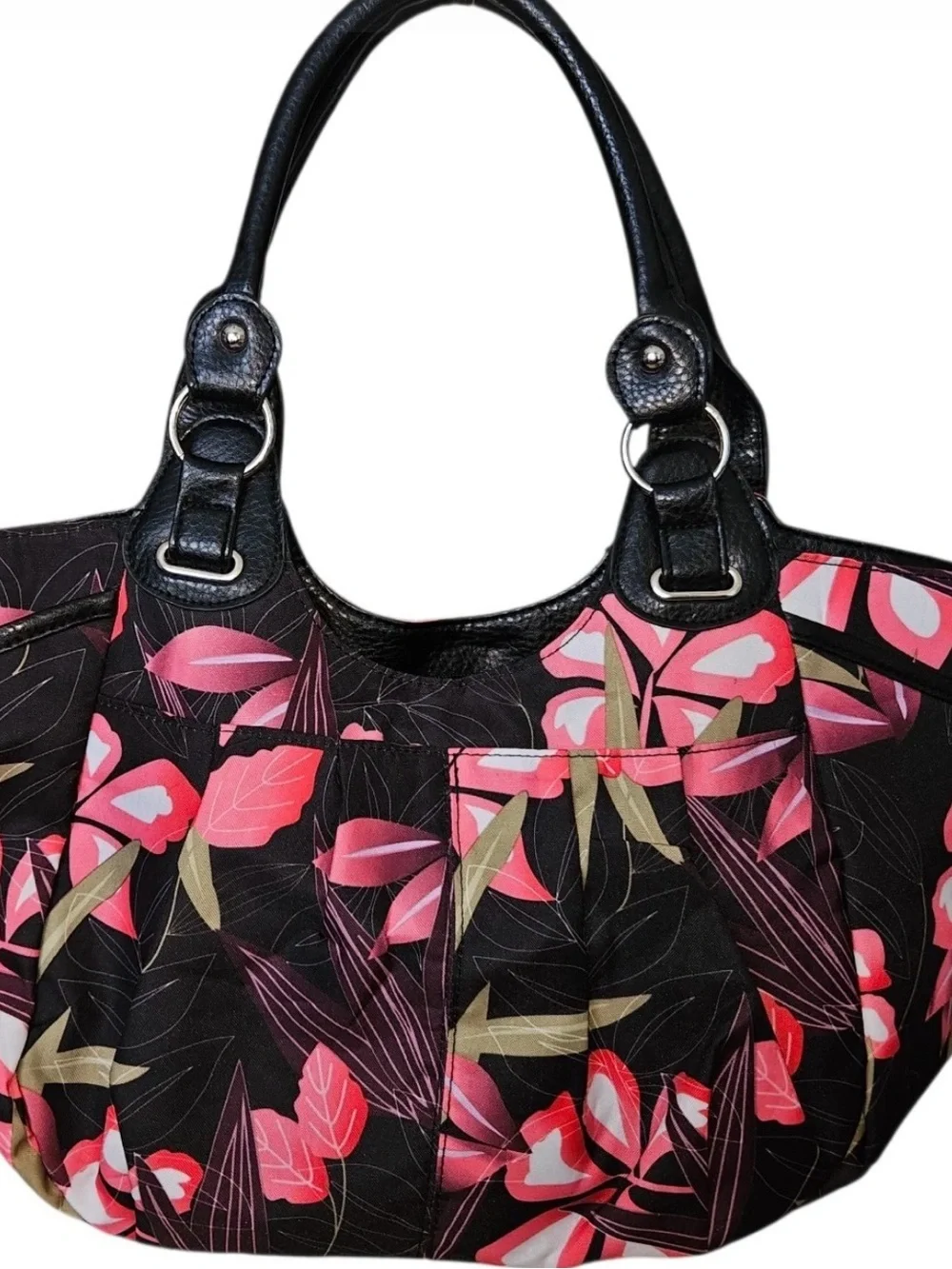 Black Floral Shoulder Bag with Pink Accents